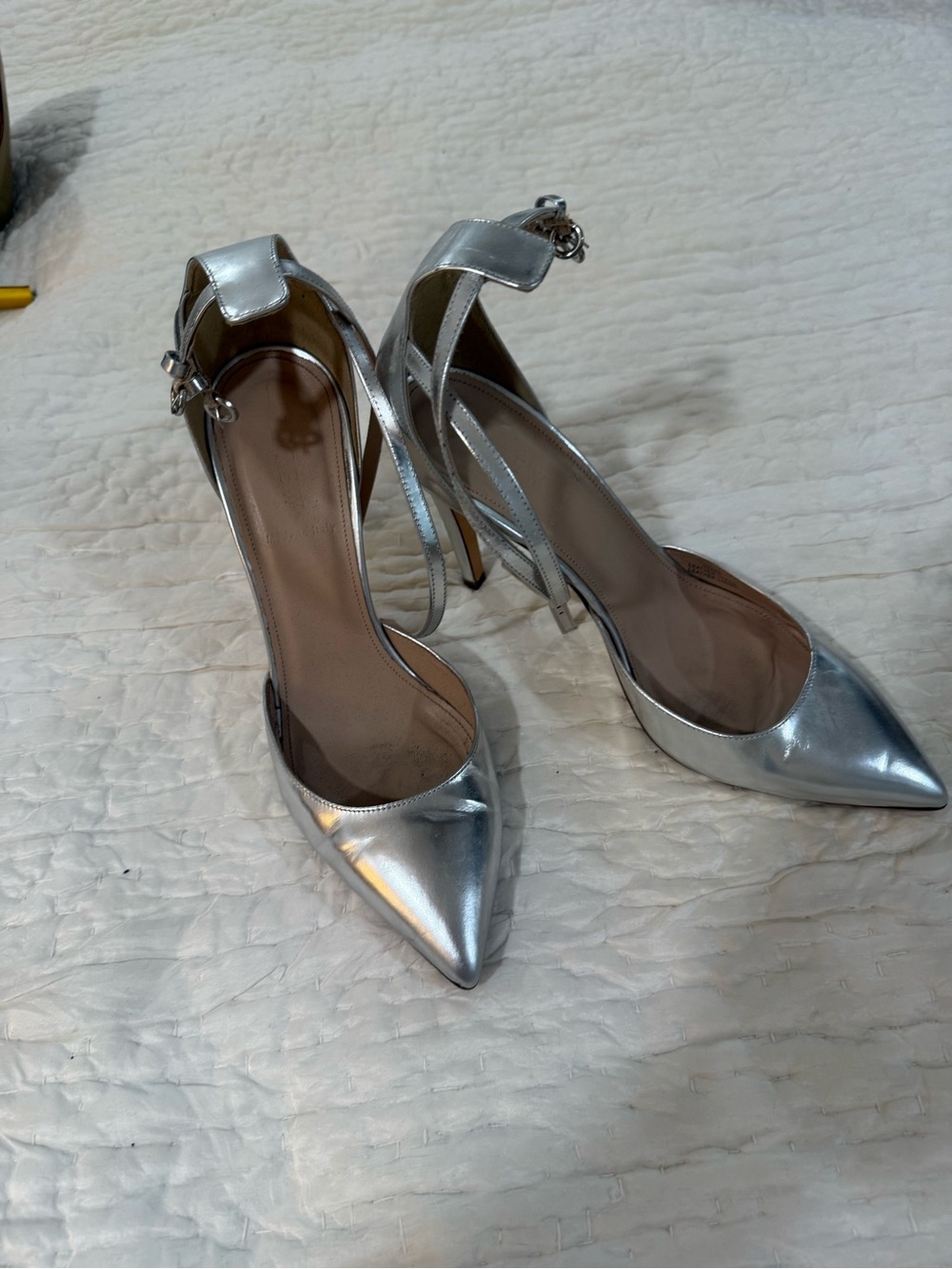 J. Crew Silver Pointed-Toe Ankle-Strap Heels